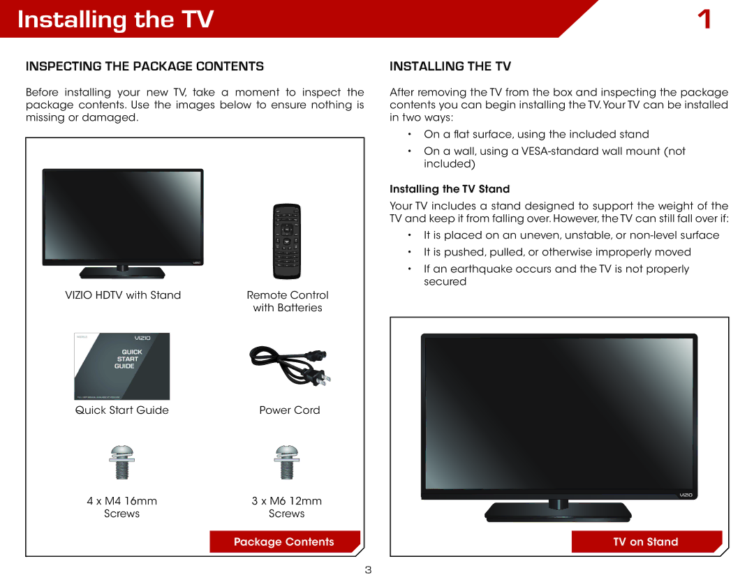 Vizio E461-A1 warranty Installing the TV, Inspecting the Package Contents 