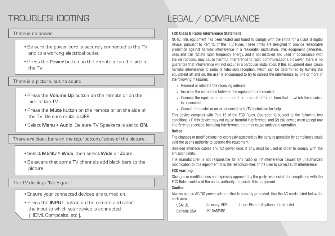 Vizio E461-A1 quick start Troubleshooting, Legal / Compliance 