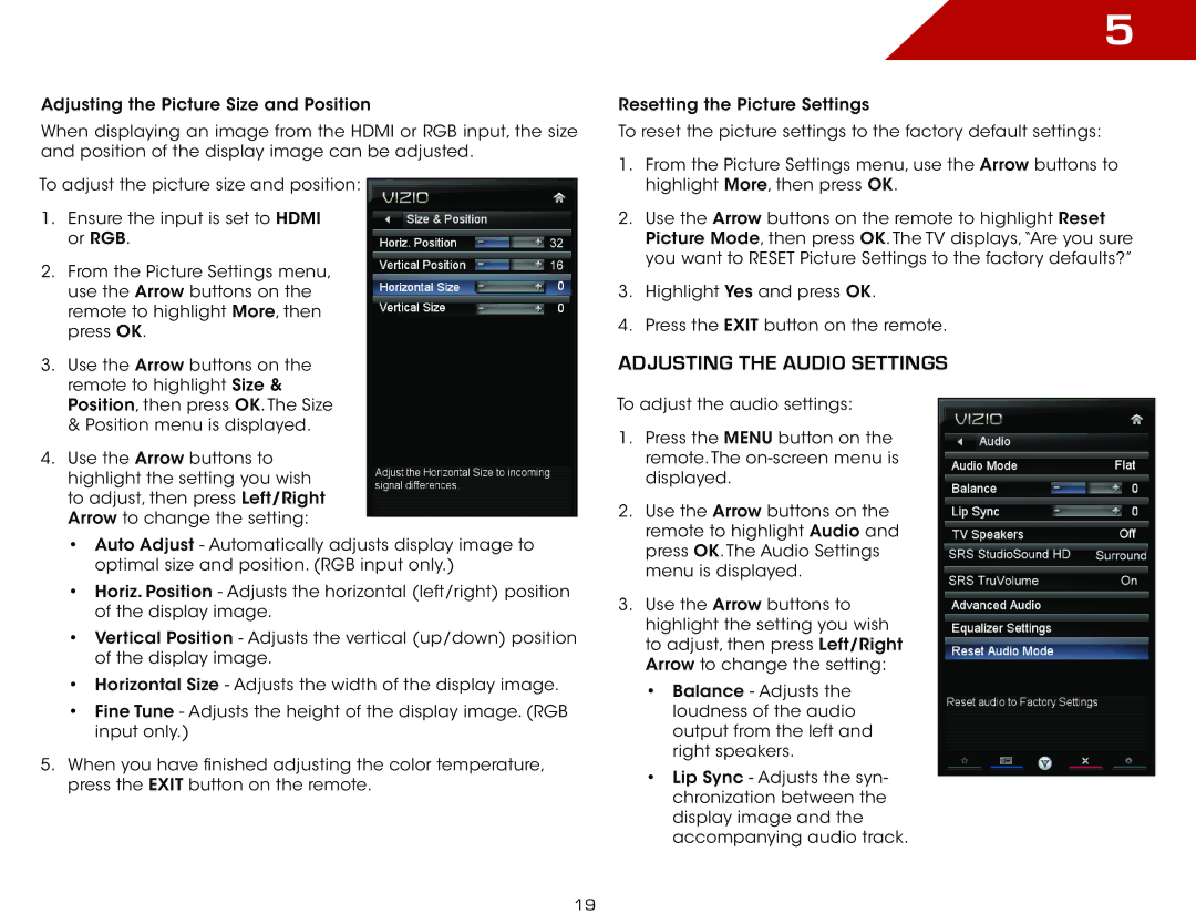 Vizio E470-A0, E470A0 manual Adjusting the Audio Settings 