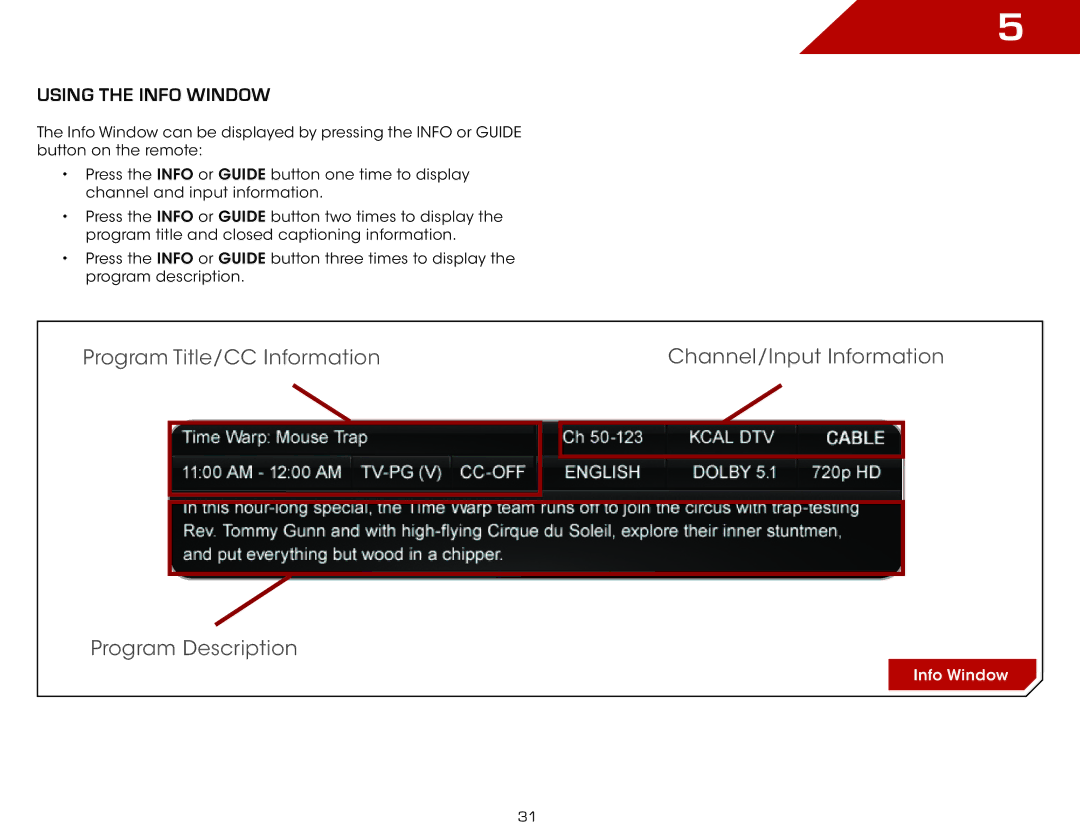 Vizio E470-A0, E470A0 manual Using the Info Window 