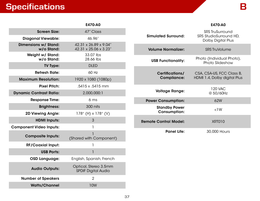 Vizio E470-A0, E470A0 manual Specifications 