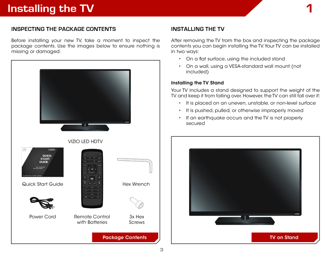 Vizio E470-A0, E470A0 manual Installing the TV, Inspecting the Package Contents 