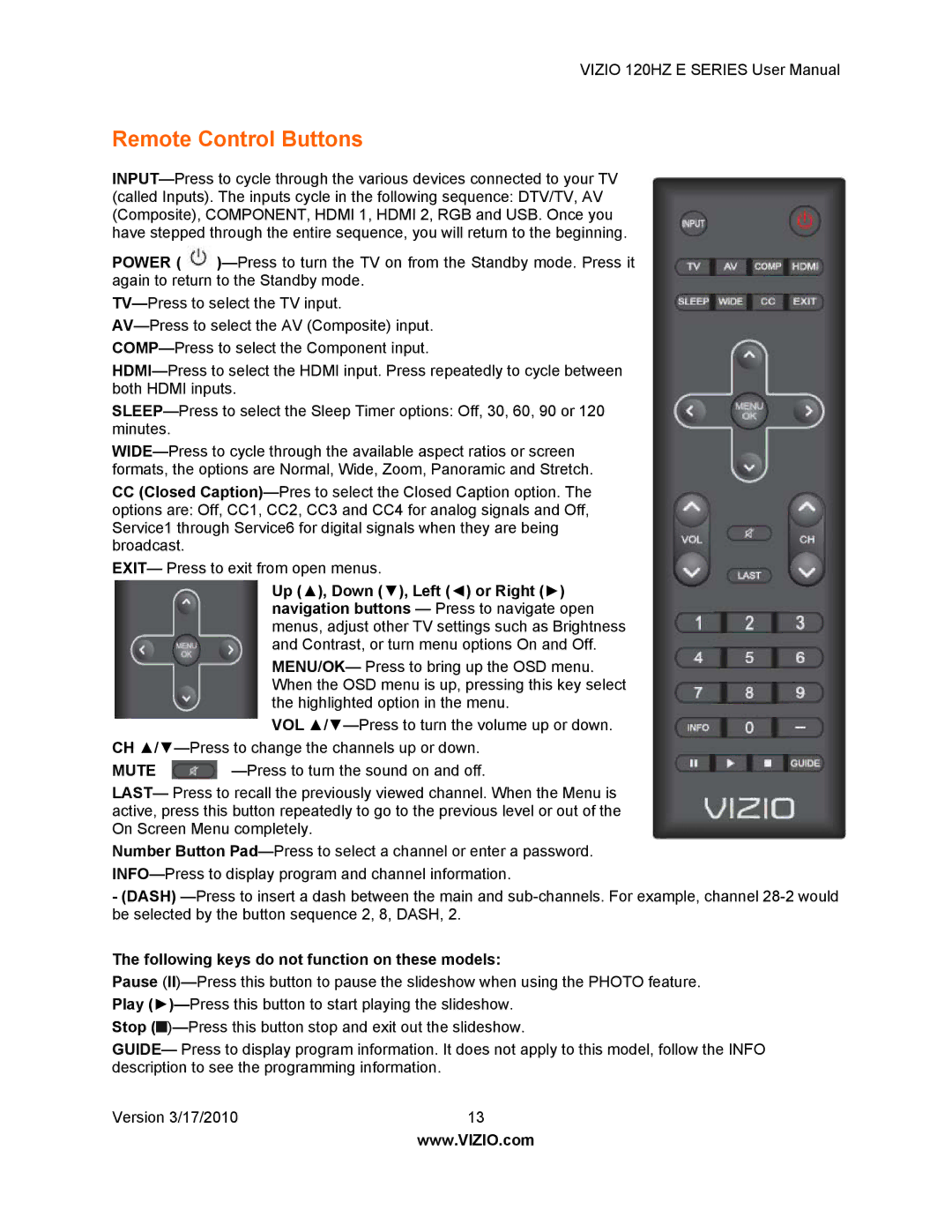 Vizio E550VA, E470VA, E421VA, E371VA manual Remote Control Buttons, Following keys do not function on these models 