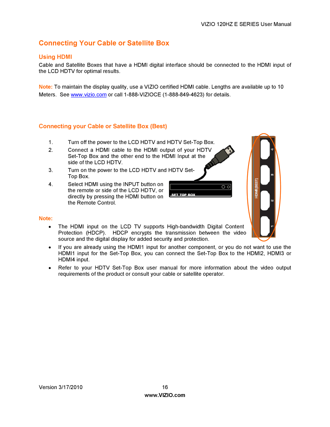 Vizio E470VA, E550VA manual Connecting Your Cable or Satellite Box, Using Hdmi, Connecting your Cable or Satellite Box Best 