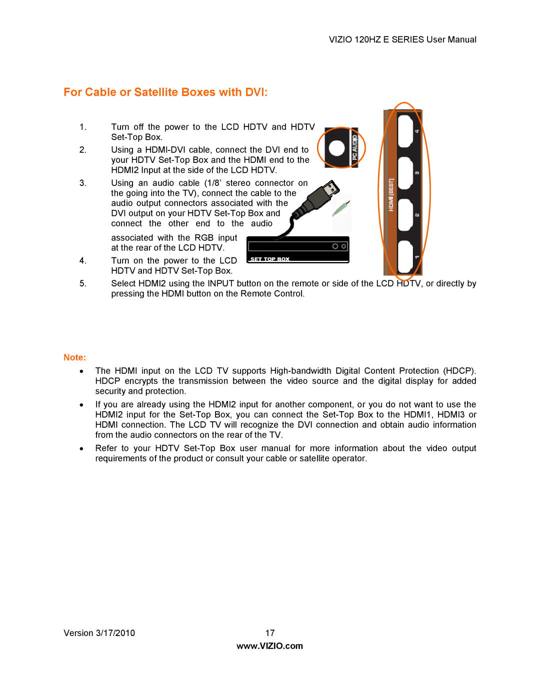 Vizio E550VA, E470VA, E421VA, E371VA manual For Cable or Satellite Boxes with DVI 