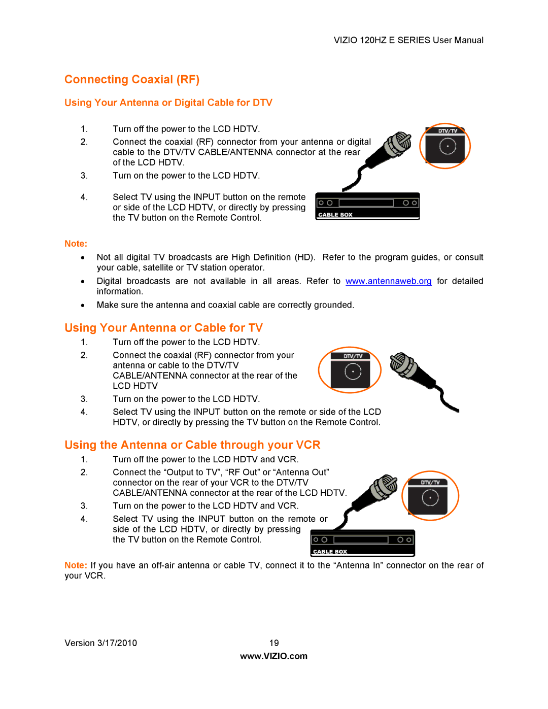 Vizio E371VA manual Connecting Coaxial RF, Using Your Antenna or Cable for TV, Using the Antenna or Cable through your VCR 