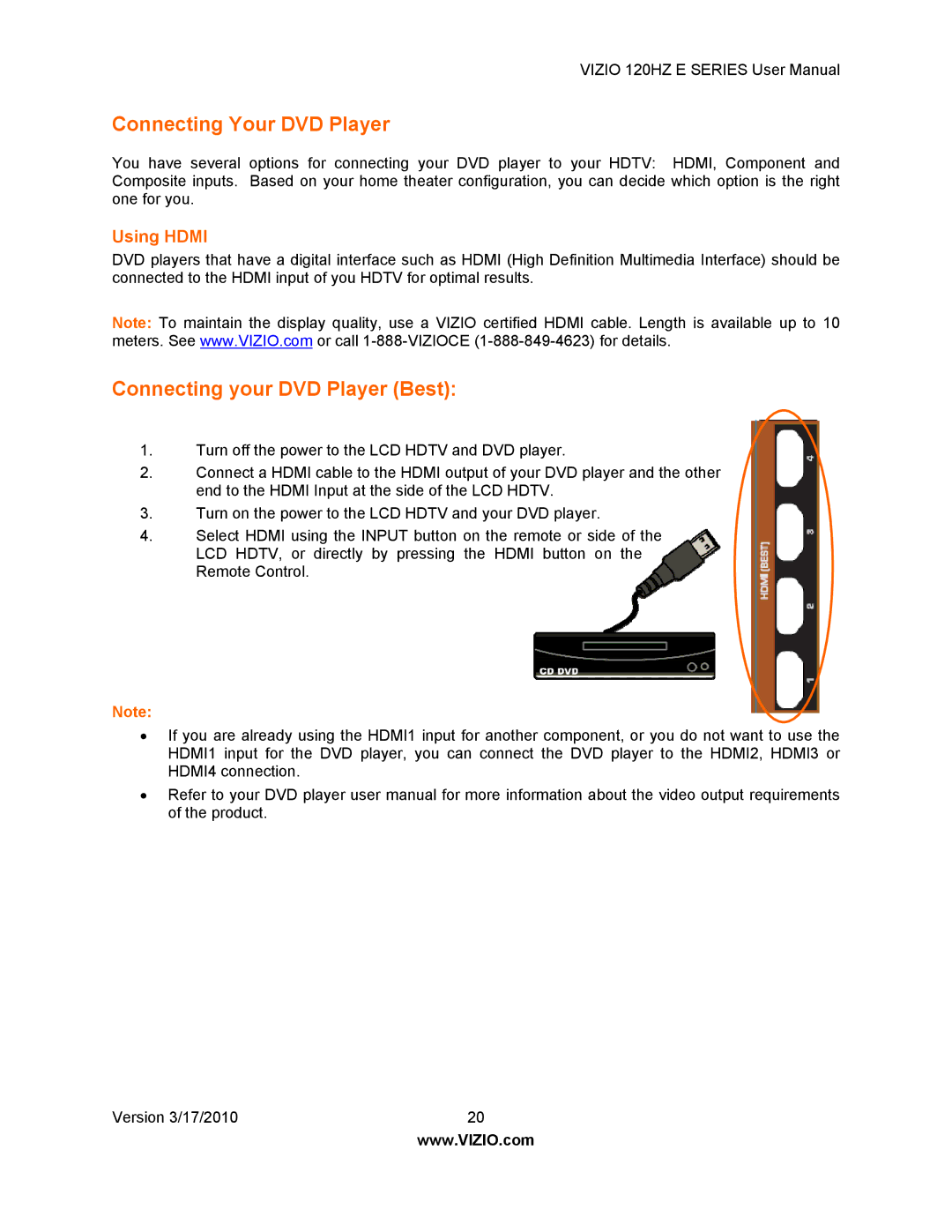 Vizio E470VA, E550VA, E421VA, E371VA manual Connecting Your DVD Player, Connecting your DVD Player Best 