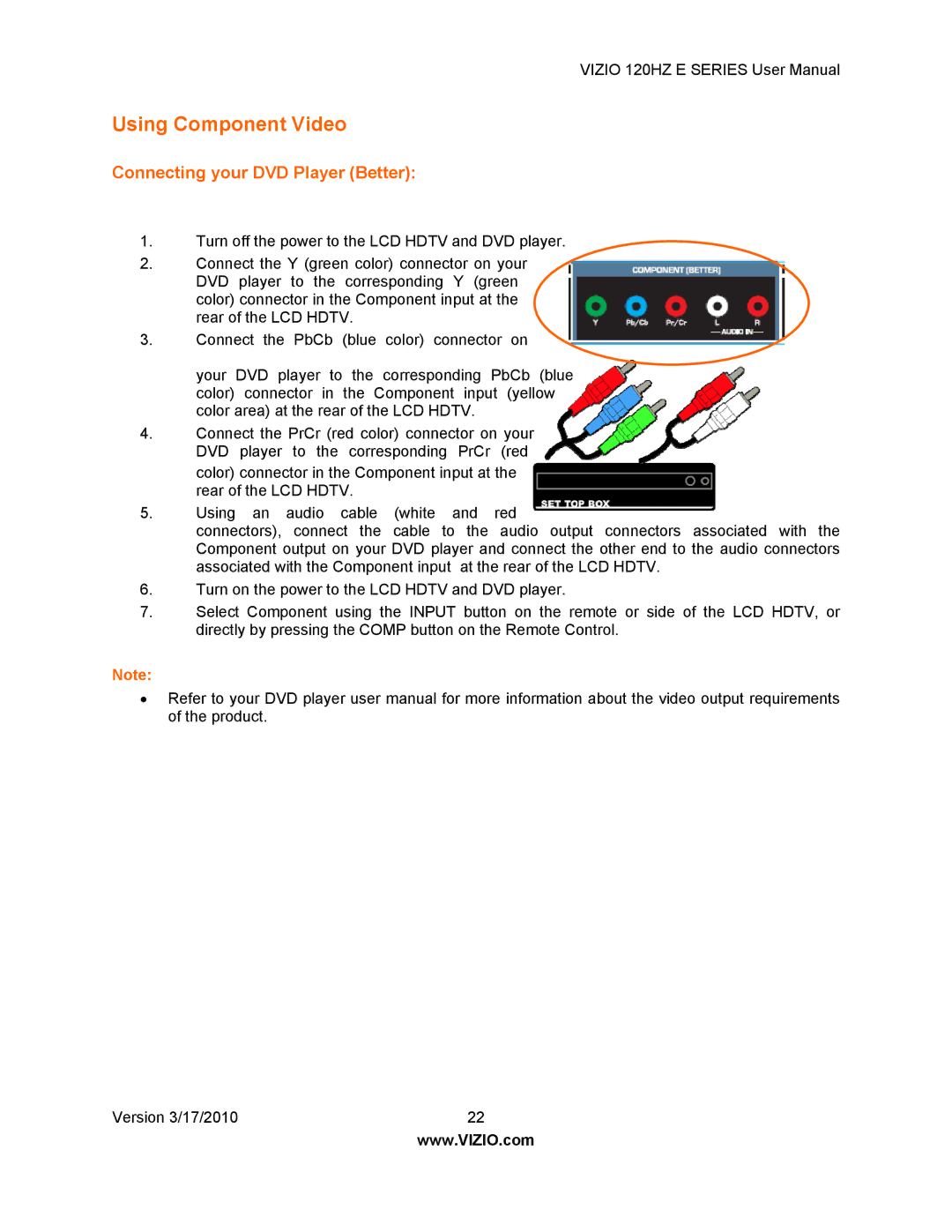 Vizio E421VA, E470VA, E550VA, E371VA manual Using Component Video, Connecting your DVD Player Better 