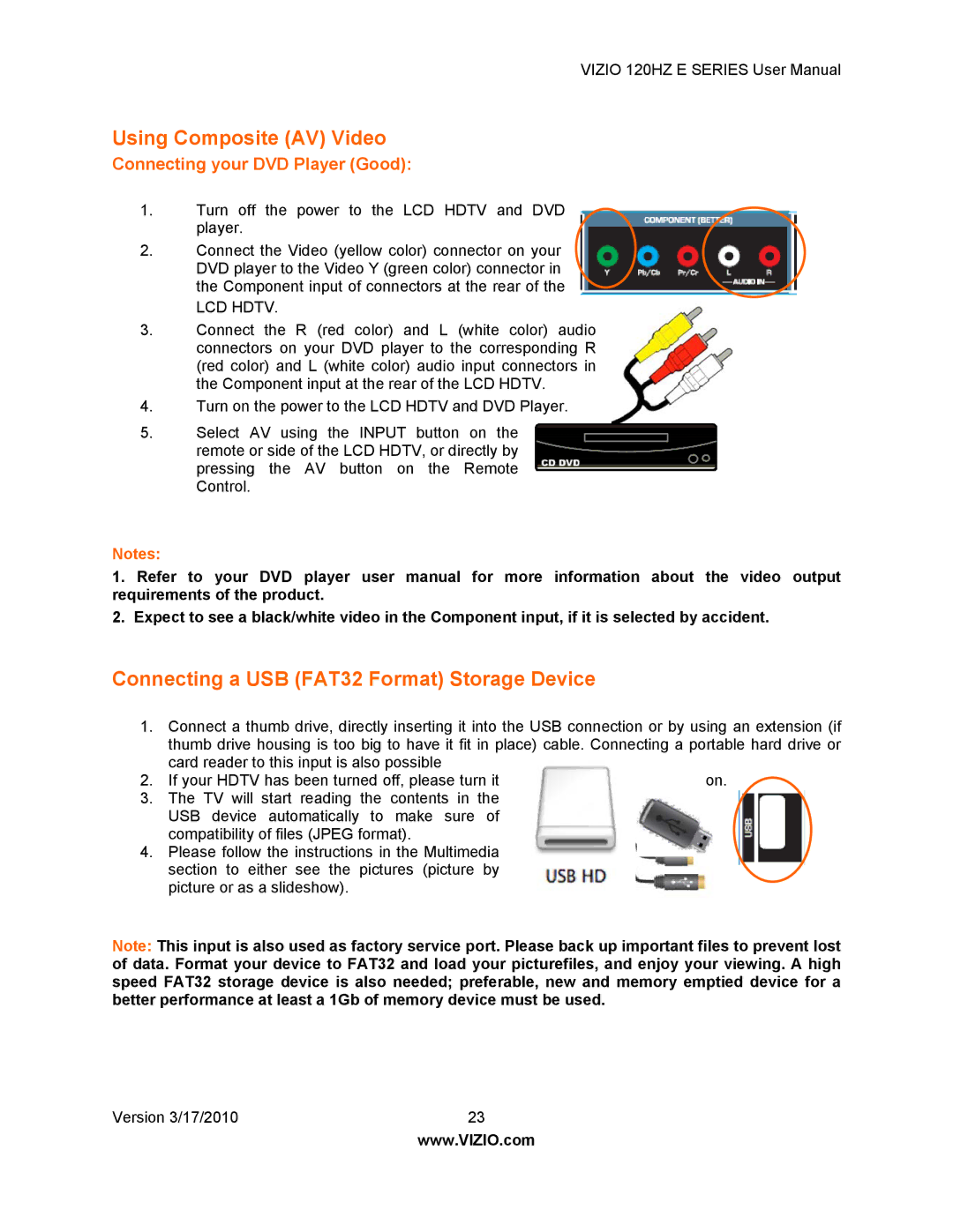 Vizio E371VA manual Using Composite AV Video, Connecting a USB FAT32 Format Storage Device, Connecting your DVD Player Good 