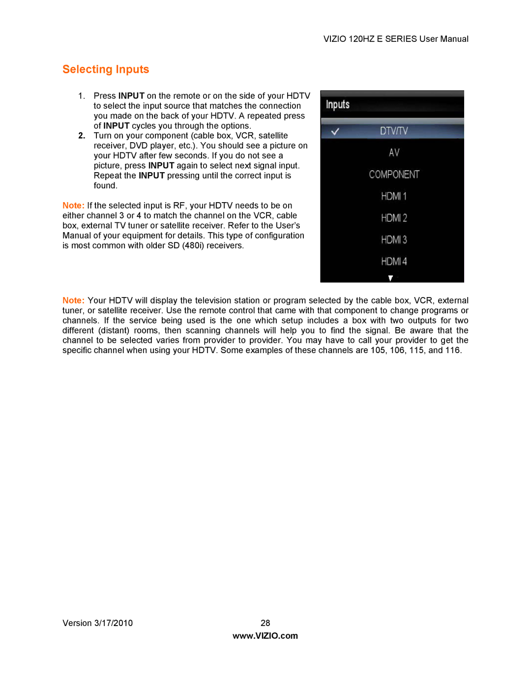 Vizio E470VA, E550VA, E421VA, E371VA manual Selecting Inputs 