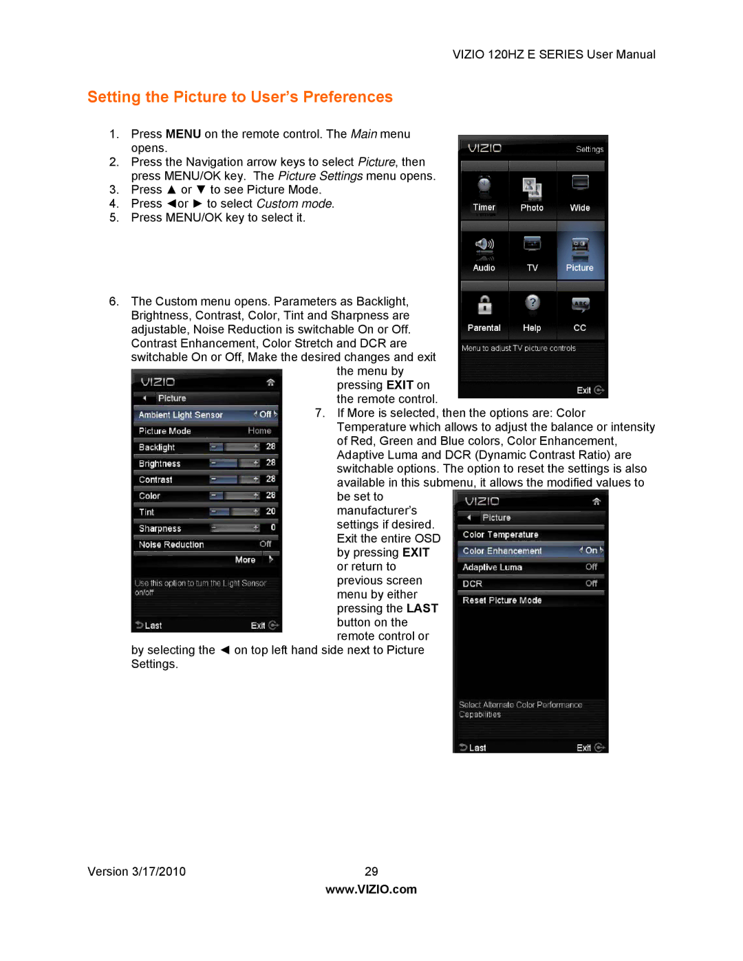 Vizio E550VA, E470VA, E421VA, E371VA manual Setting the Picture to User’s Preferences 