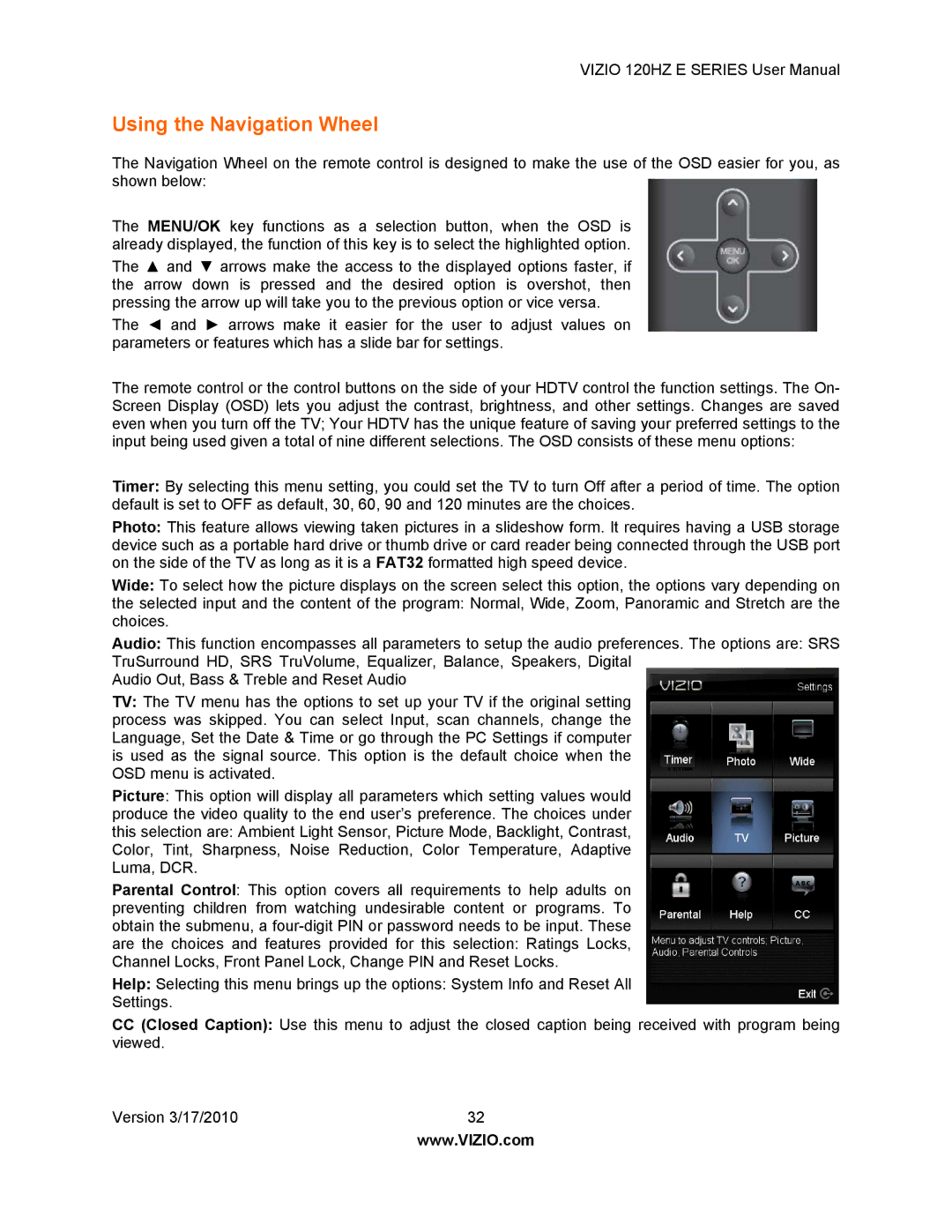 Vizio E470VA, E550VA, E421VA, E371VA manual Using the Navigation Wheel 