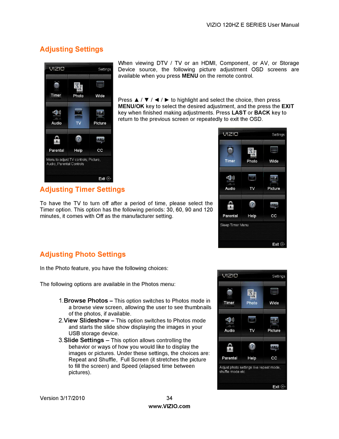 Vizio E421VA, E470VA, E550VA, E371VA manual Adjusting Settings, Adjusting Timer Settings 