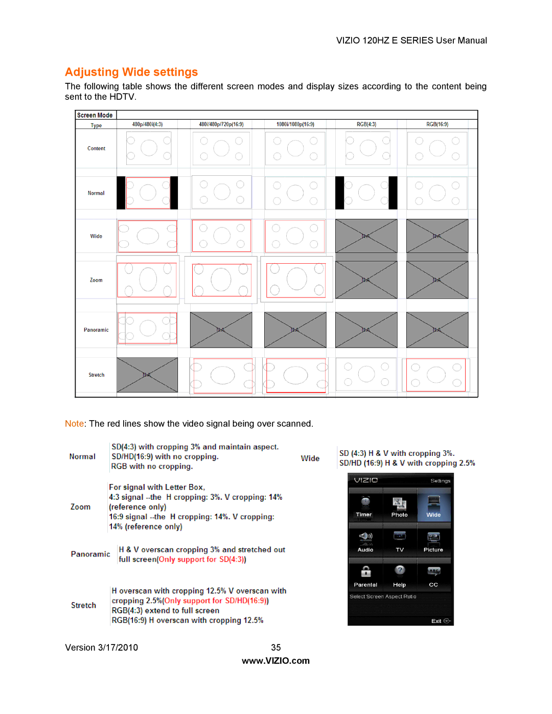 Vizio E371VA, E470VA, E550VA, E421VA manual Adjusting Wide settings 