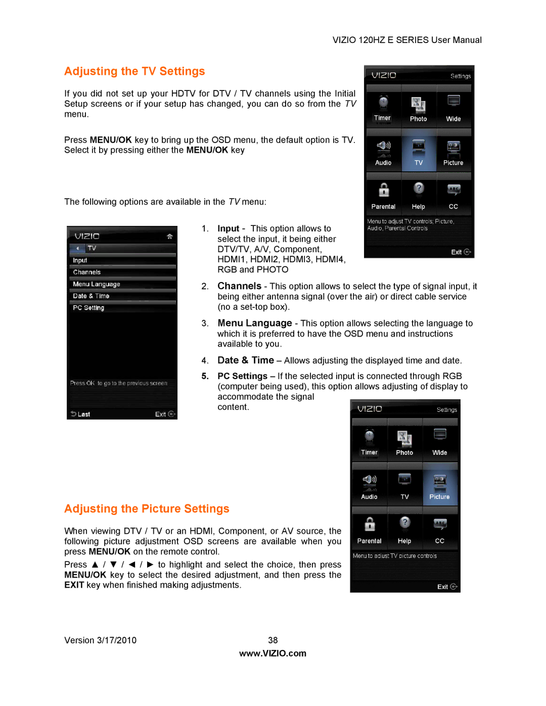 Vizio E421VA, E470VA, E550VA, E371VA manual Adjusting the TV Settings, Adjusting the Picture Settings 