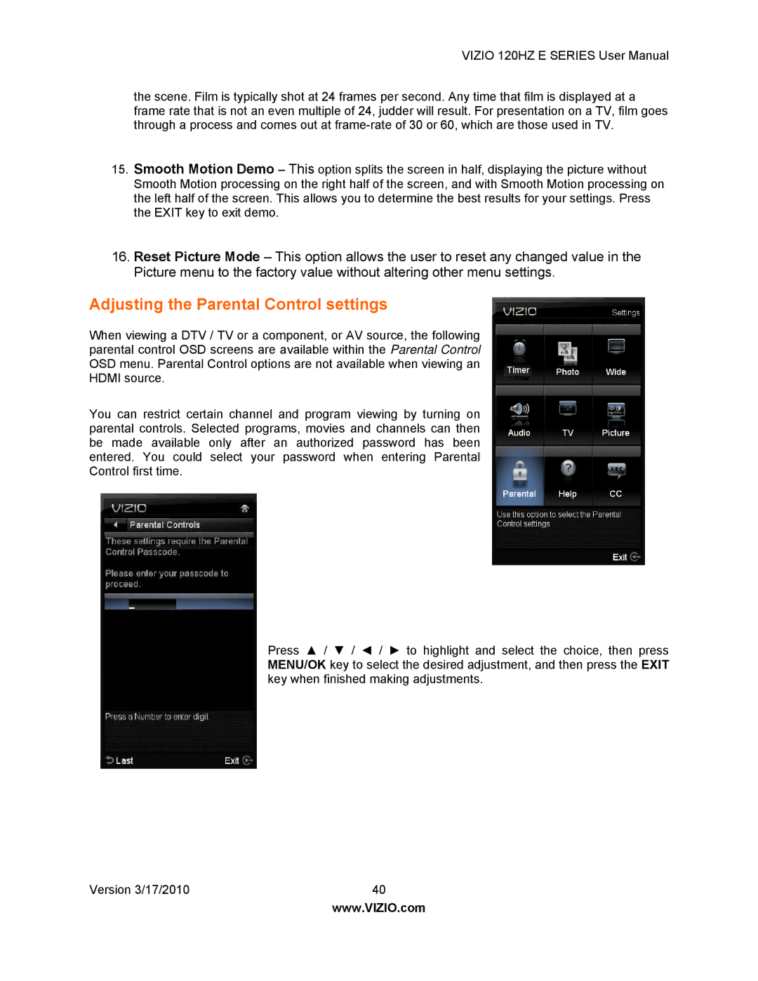 Vizio E470VA, E550VA, E421VA, E371VA manual Adjusting the Parental Control settings 