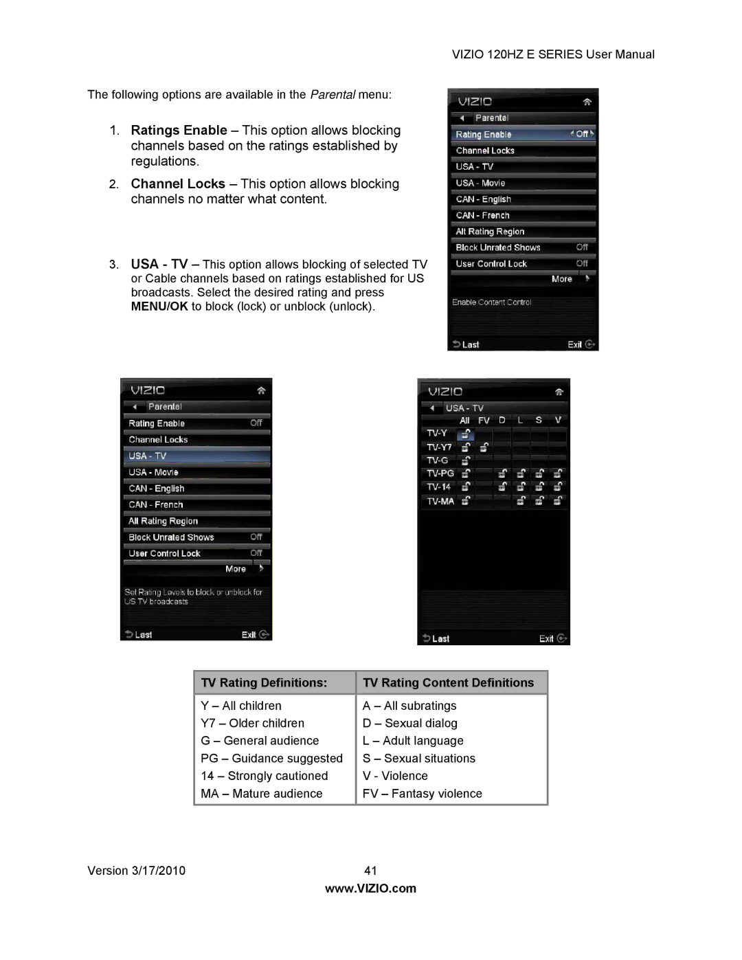 Vizio E550VA, E470VA, E421VA, E371VA manual TV Rating Definitions TV Rating Content Definitions 