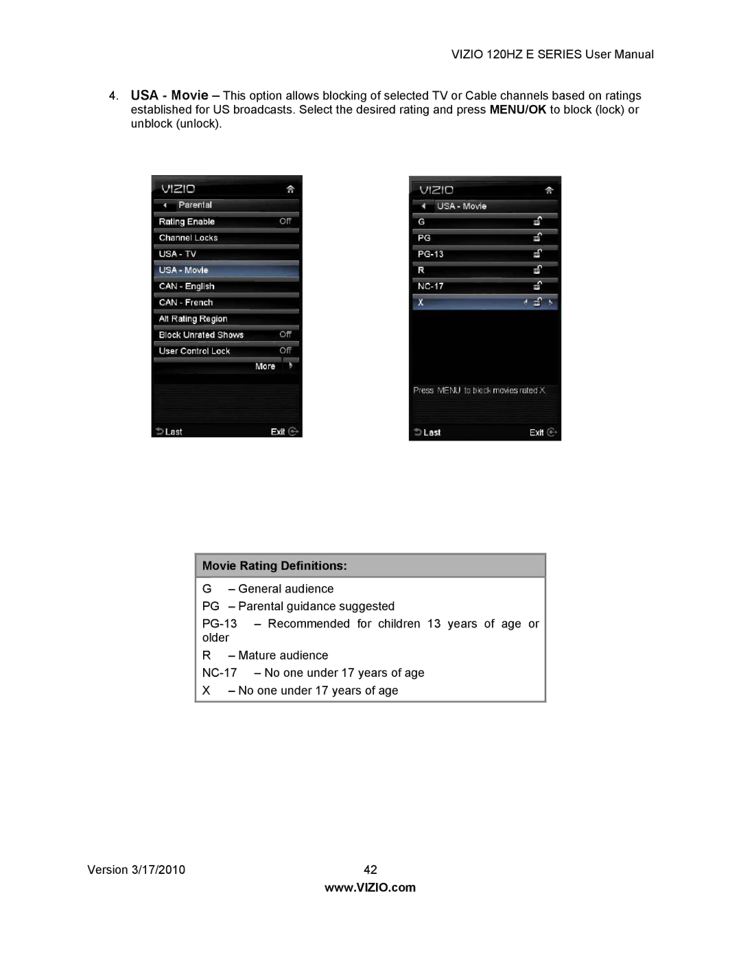 Vizio E421VA, E470VA, E550VA, E371VA manual Movie Rating Definitions 