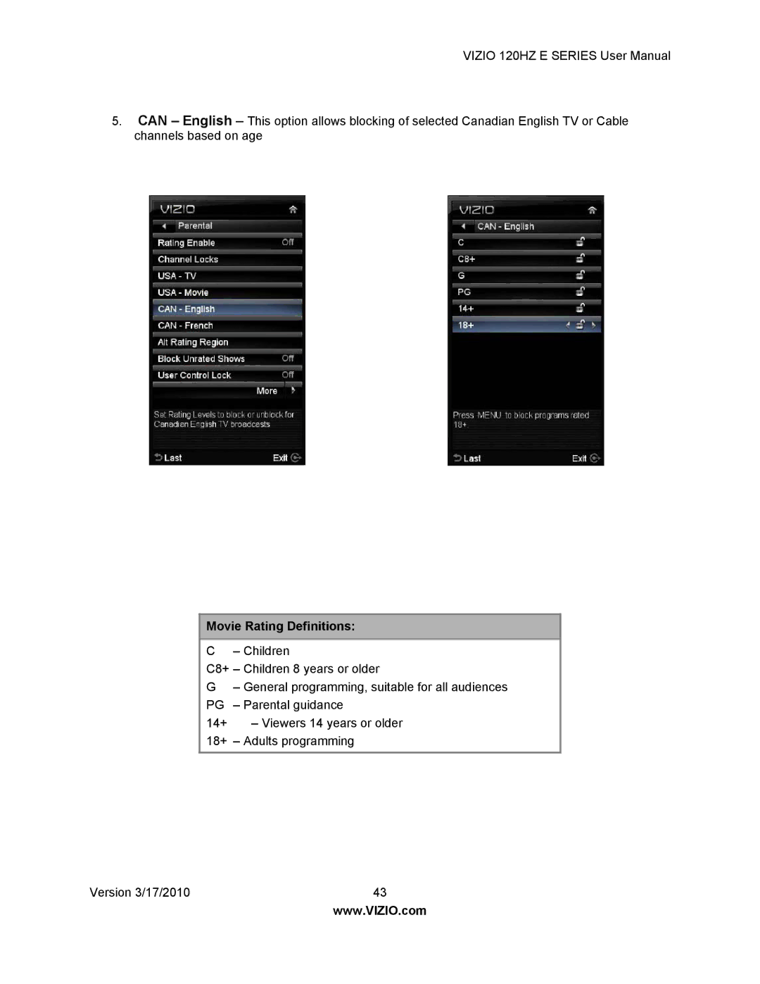 Vizio E371VA, E470VA, E550VA, E421VA manual Movie Rating Definitions 