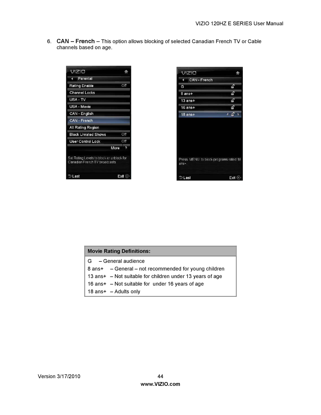 Vizio E470VA, E550VA, E421VA, E371VA manual Movie Rating Definitions 