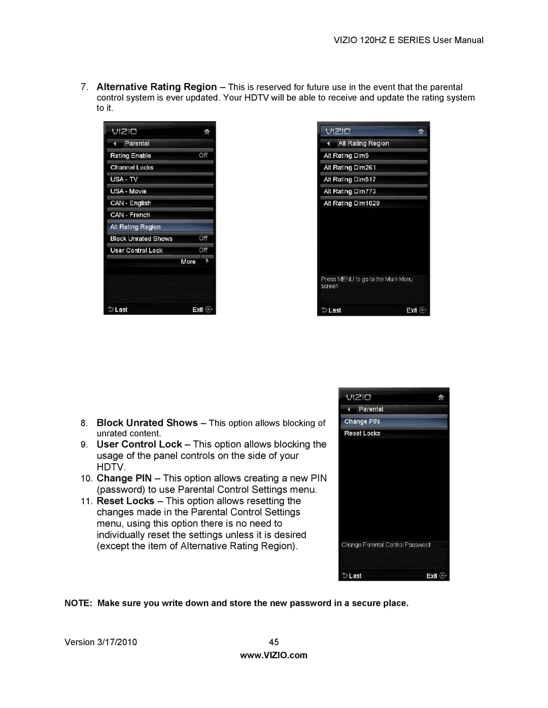 Vizio E550VA, E470VA, E421VA, E371VA manual Version 3/17/2010 