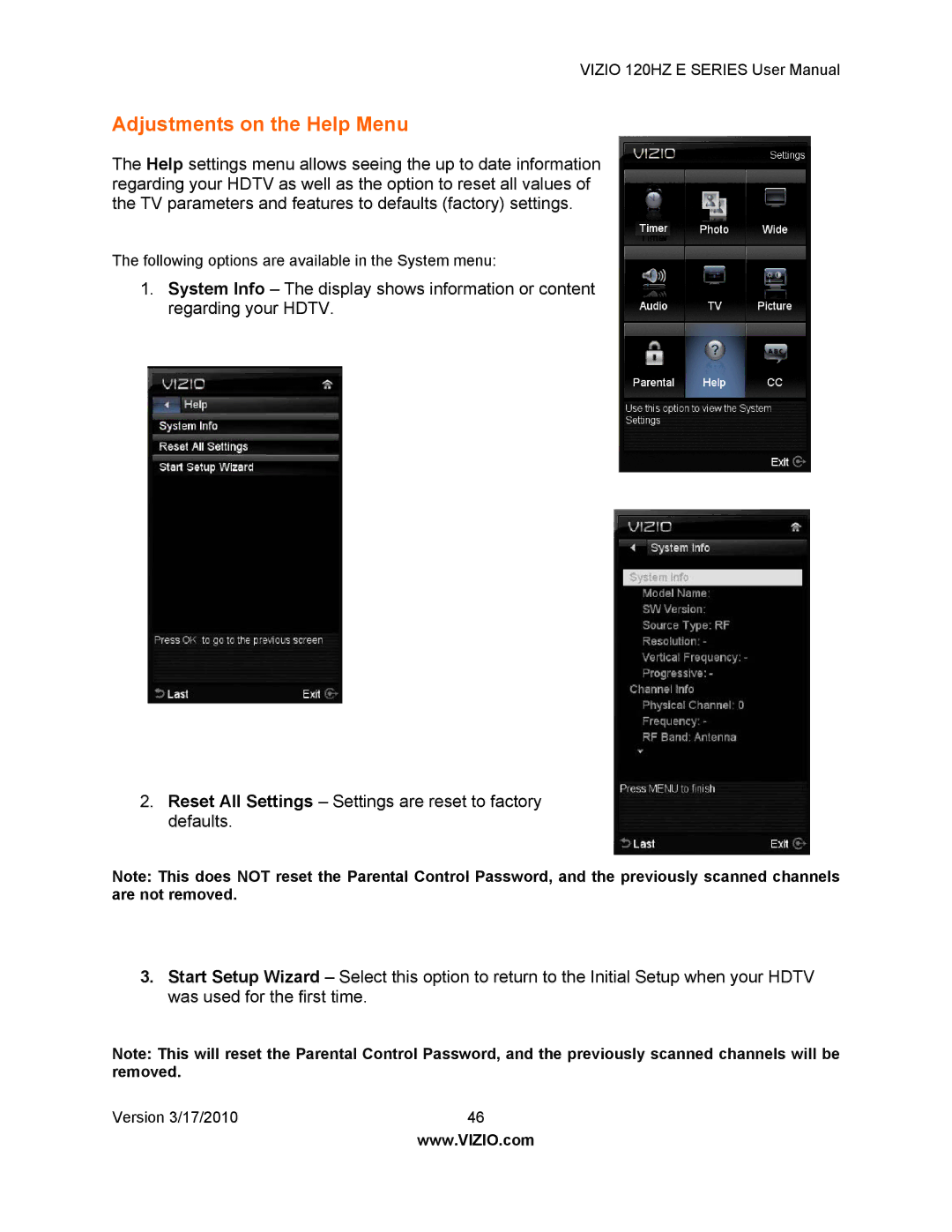 Vizio E421VA, E470VA, E550VA, E371VA manual Adjustments on the Help Menu 