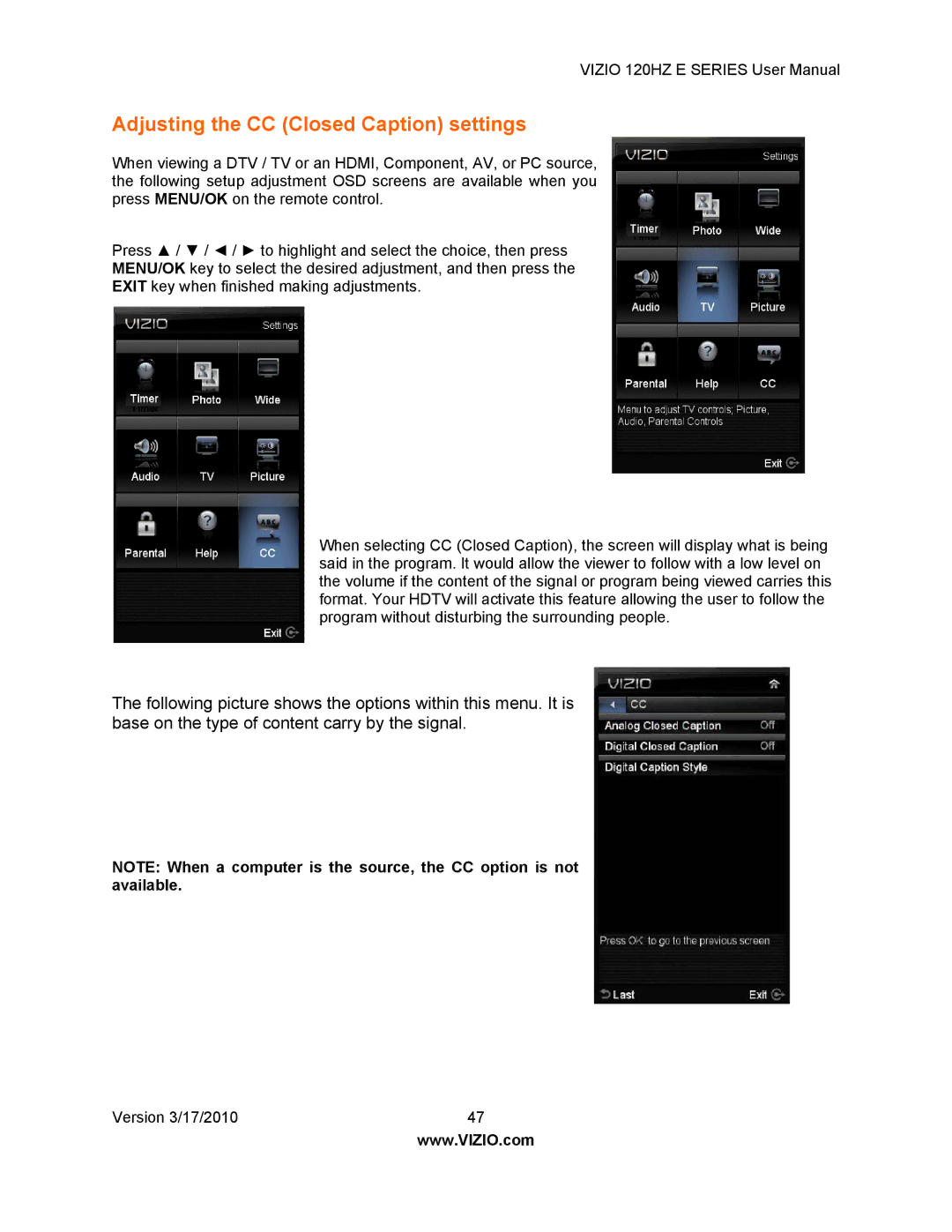 Vizio E371VA, E470VA, E550VA, E421VA manual Adjusting the CC Closed Caption settings 