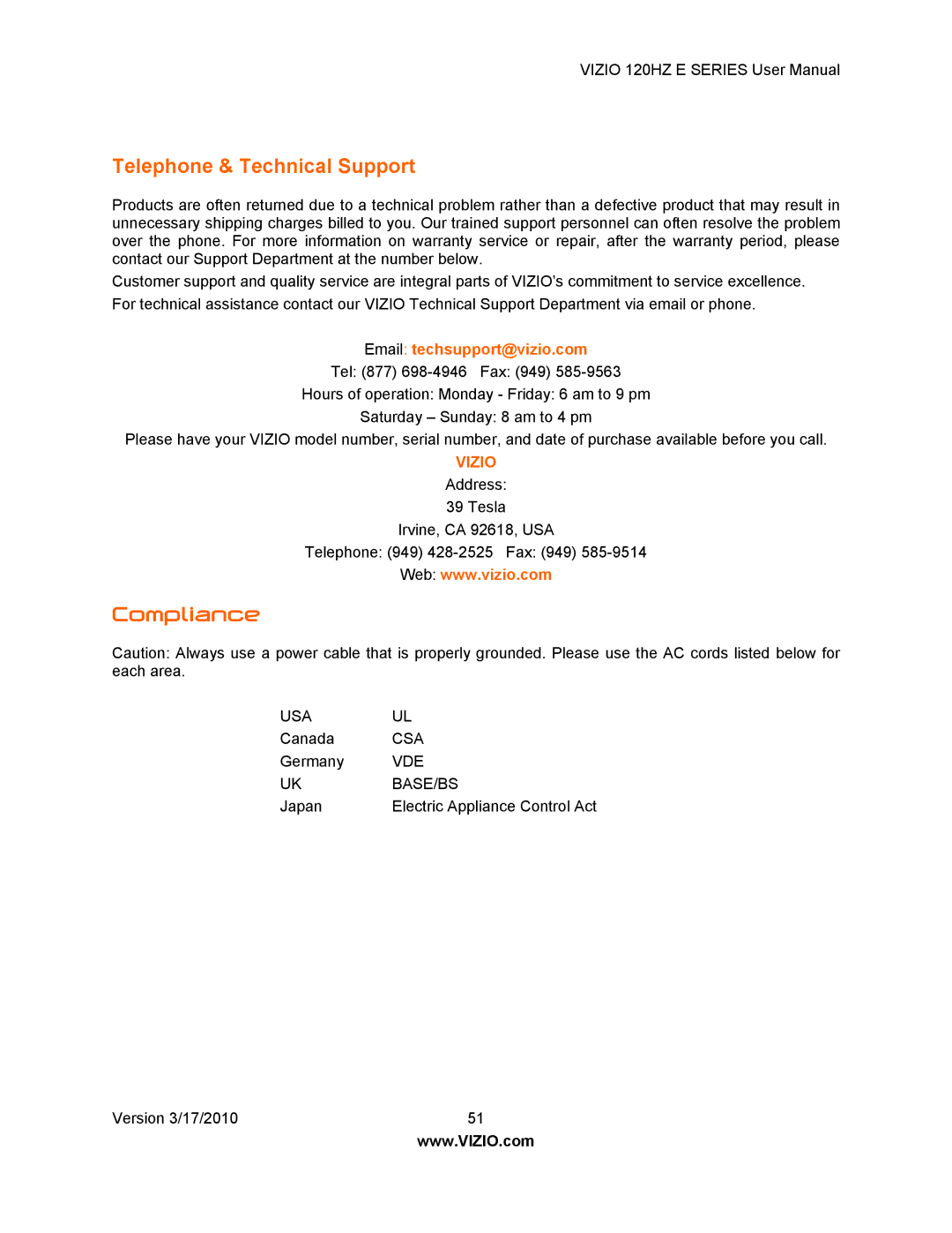 Vizio E371VA, E470VA, E550VA, E421VA manual Telephone & Technical Support, Compliance 