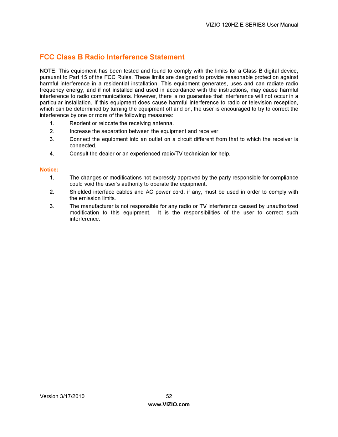 Vizio E470VA, E550VA, E421VA, E371VA manual FCC Class B Radio Interference Statement 