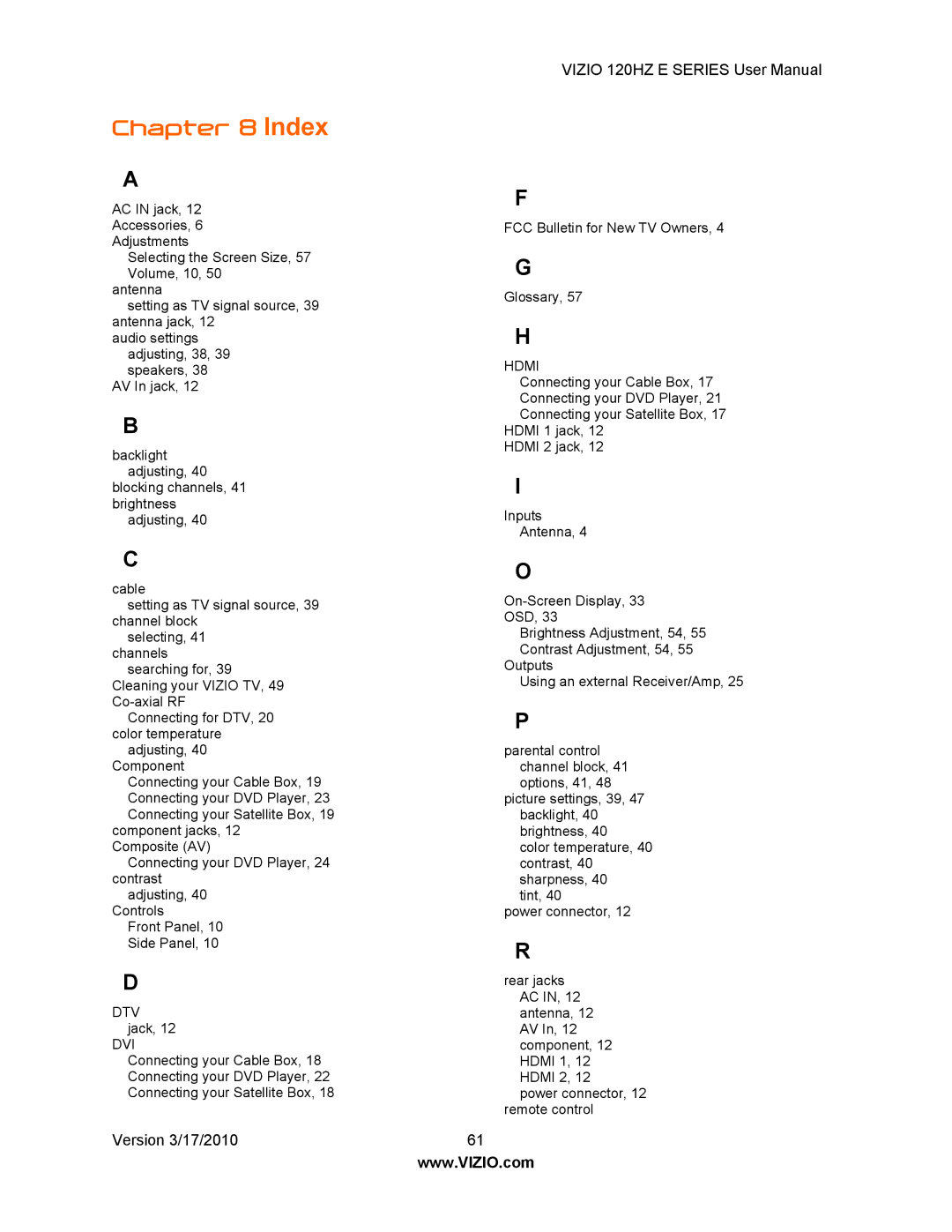 Vizio E550VA, E470VA, E421VA, E371VA manual Index 