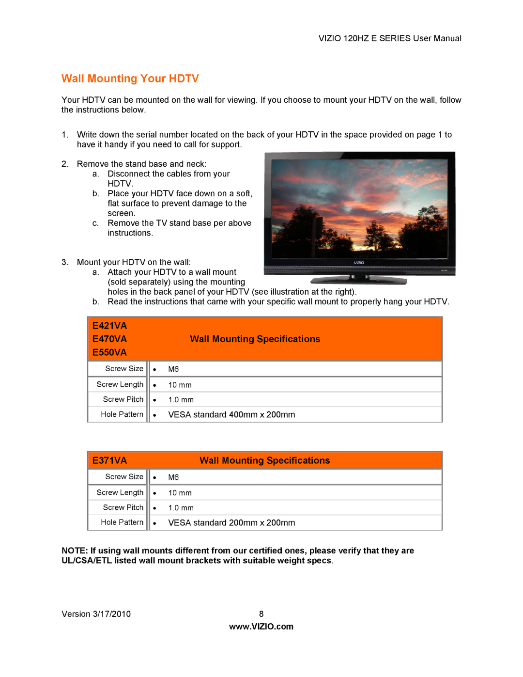 Vizio E470VA, E550VA, E421VA manual Wall Mounting Your Hdtv, E371VA Wall Mounting Specifications 