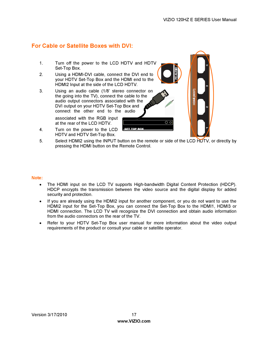 Vizio E550VA, E470VA, E421VA, E371VA user manual For Cable or Satellite Boxes with DVI 