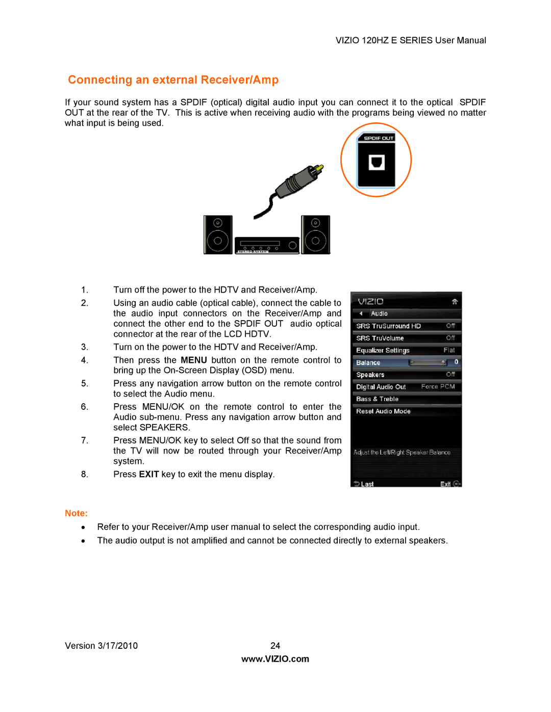 Vizio E470VA, E550VA, E421VA, E371VA user manual Connecting an external Receiver/Amp 