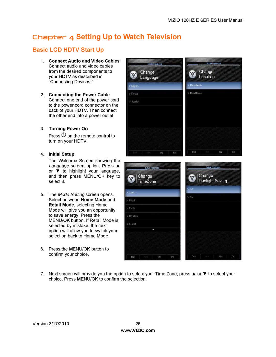 Vizio E421VA, E470VA, E550VA, E371VA user manual Basic LCD Hdtv Start Up, Initial Setup 