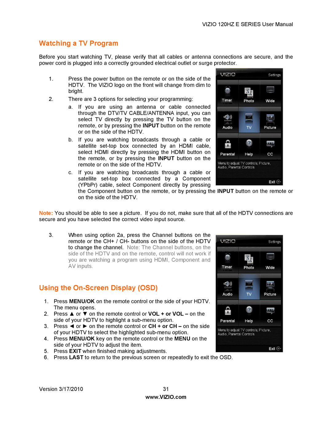 Vizio E371VA, E470VA, E550VA, E421VA user manual Watching a TV Program, Using the On-Screen Display OSD 