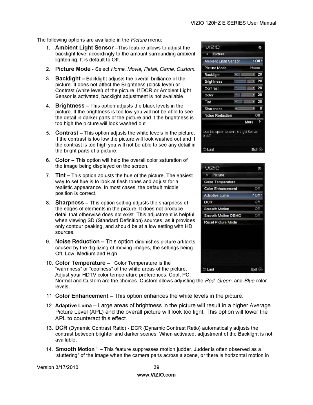 Vizio E371VA, E470VA, E550VA, E421VA user manual Picture Mode Select Home, Movie, Retail, Game, Custom 