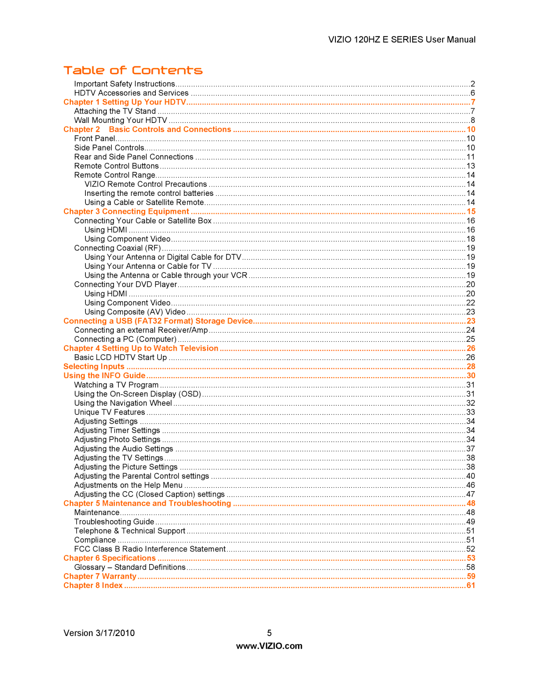 Vizio E550VA, E470VA, E421VA, E371VA user manual Table of Contents 