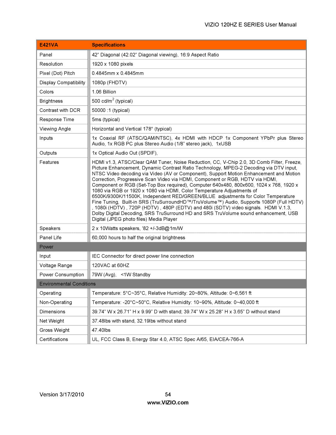 Vizio E421VA, E470VA, E550VA, E371VA user manual 