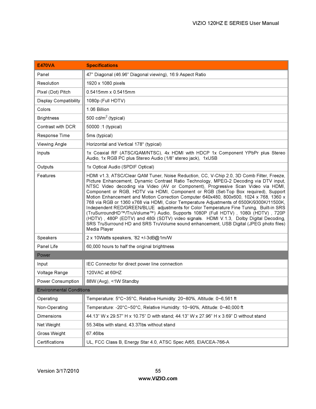 Vizio E371VA, E550VA, E421VA user manual E470VA 