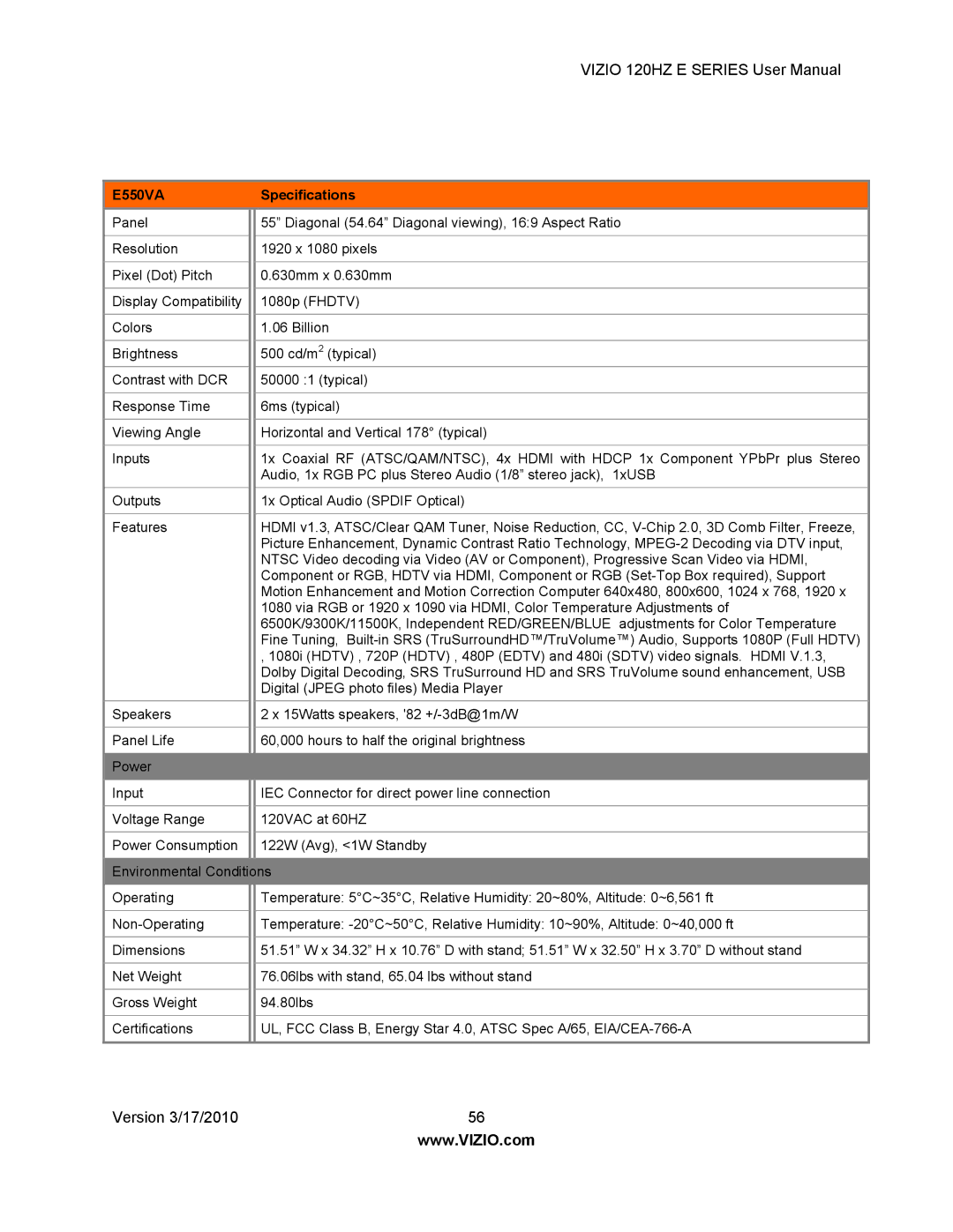 Vizio E470VA, E421VA, E371VA user manual E550VA 