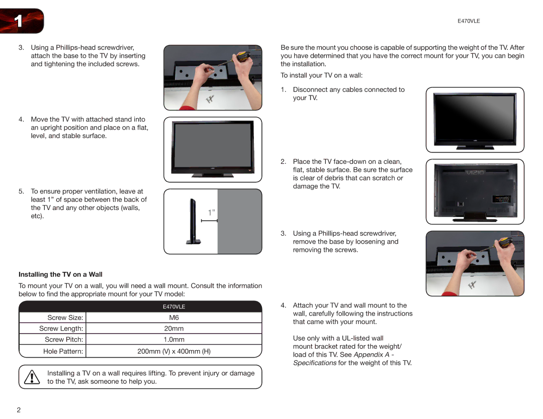 Vizio E470VLE user manual Installing the TV on a Wall 