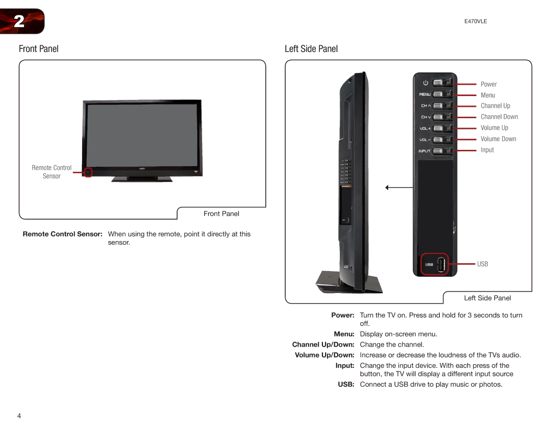 Vizio E470VLE user manual Left Side Panel, Usb 