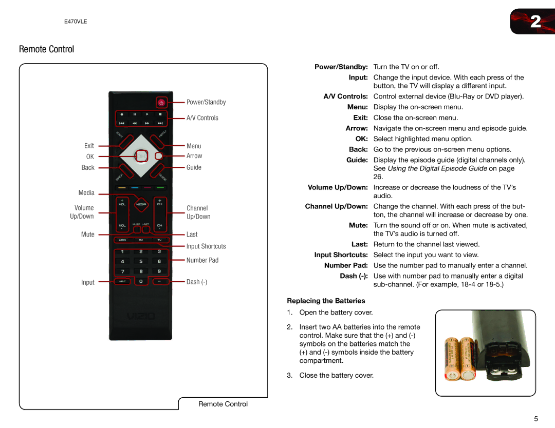 Vizio E470VLE user manual Remote Control 