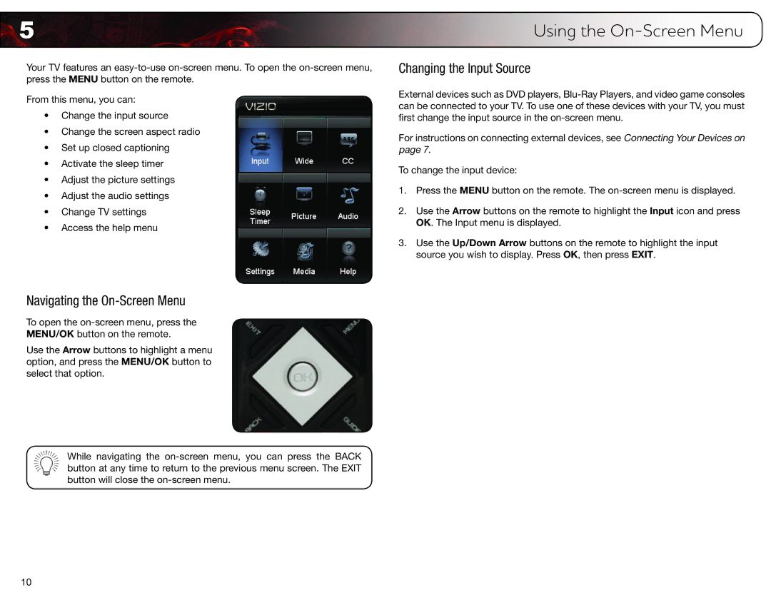 Vizio E470VLE user manual Navigating the On-Screen Menu, Changing the Input Source 