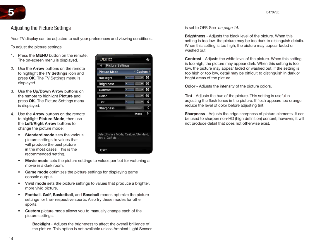 Vizio E470VLE user manual Adjusting the Picture Settings 