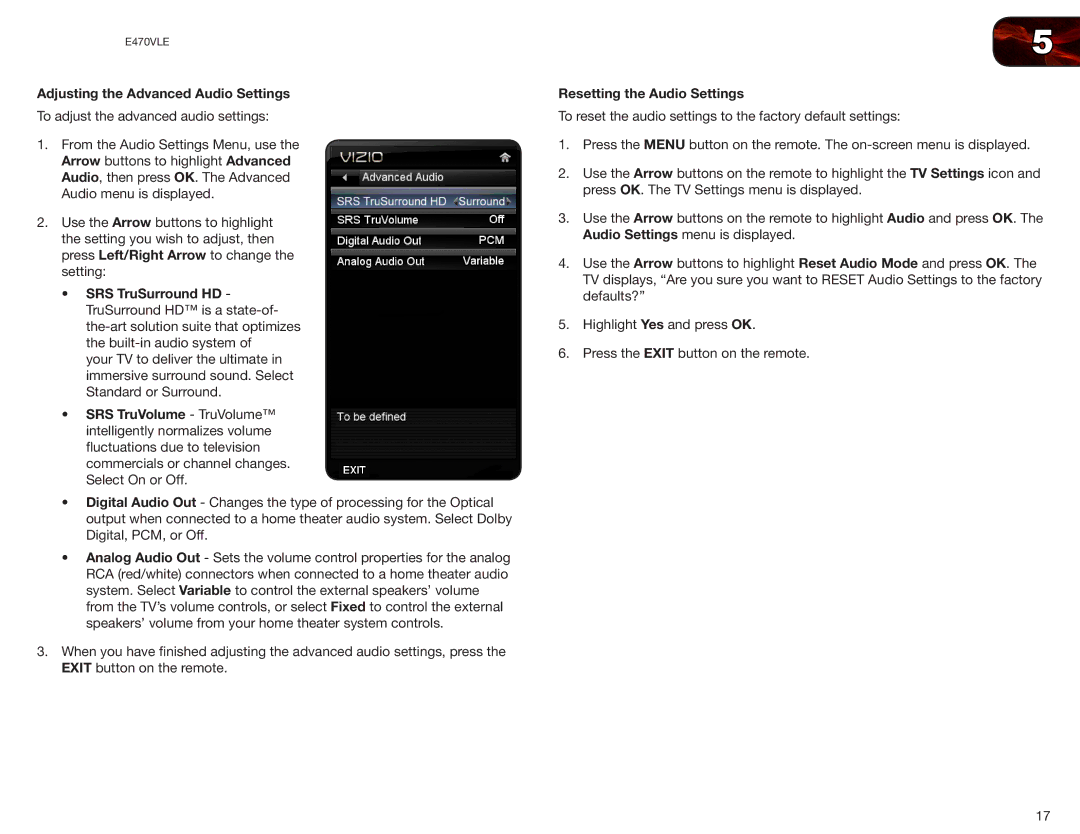 Vizio E470VLE user manual Adjusting the Advanced Audio Settings, Resetting the Audio Settings 