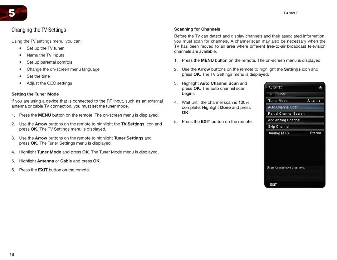 Vizio E470VLE user manual Changing the TV Settings, Setting the Tuner Mode, Scanning for Channels 