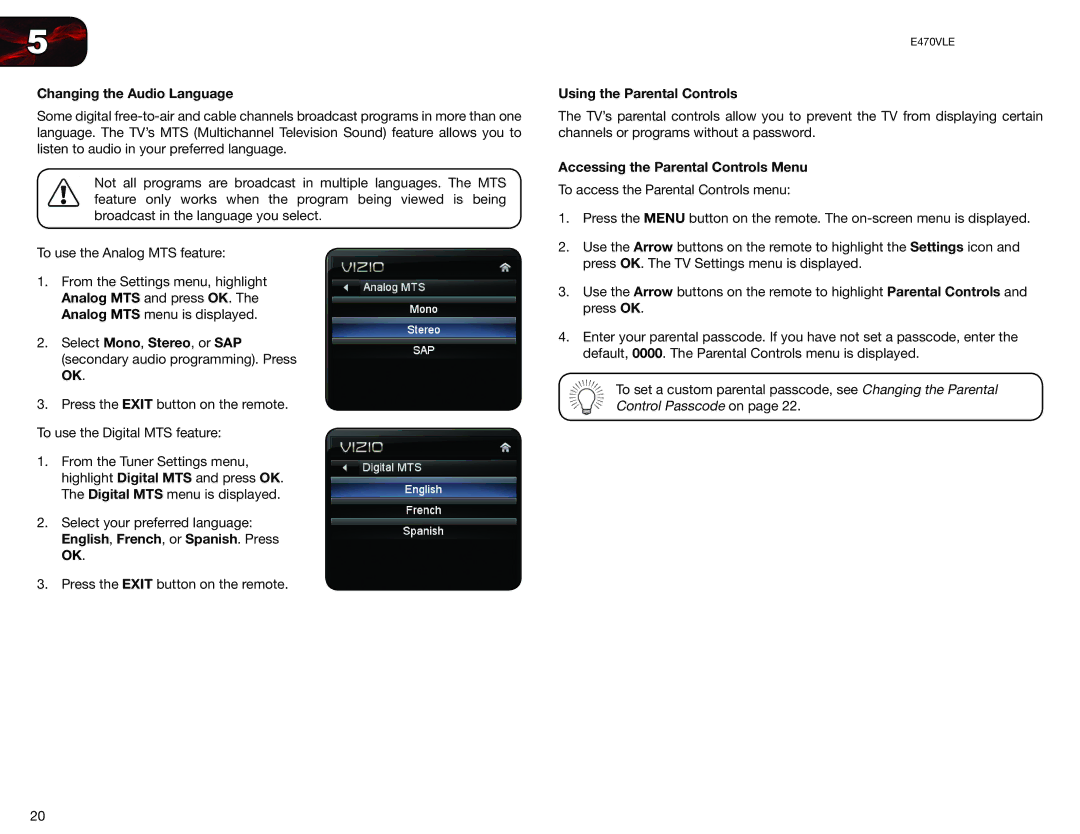 Vizio E470VLE user manual Changing the Audio Language, Using the Parental Controls, Accessing the Parental Controls Menu 