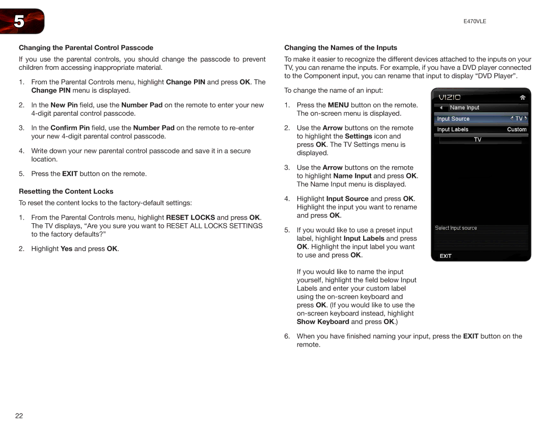 Vizio E470VLE Changing the Parental Control Passcode, Resetting the Content Locks, Changing the Names of the Inputs 