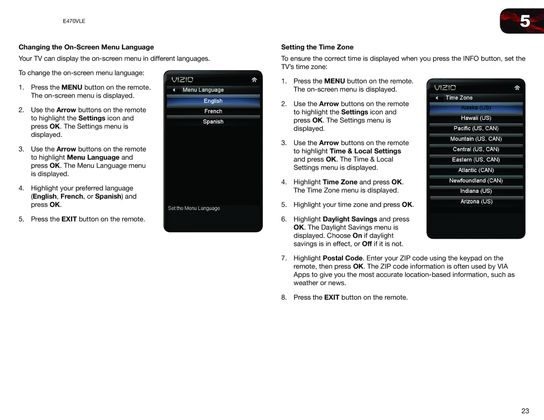 Vizio E470VLE user manual Changing the On-Screen Menu Language, Setting the Time Zone 